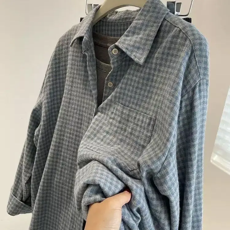 Kemeja Kotak-kotak Biru Vintage Wanita 2025 - Blus Flanel Berbahan Halus Lengan Panjang, Atasan Kancing Kasual Y2K Longgar, Ukuran Besar untuk Musim Gugur C