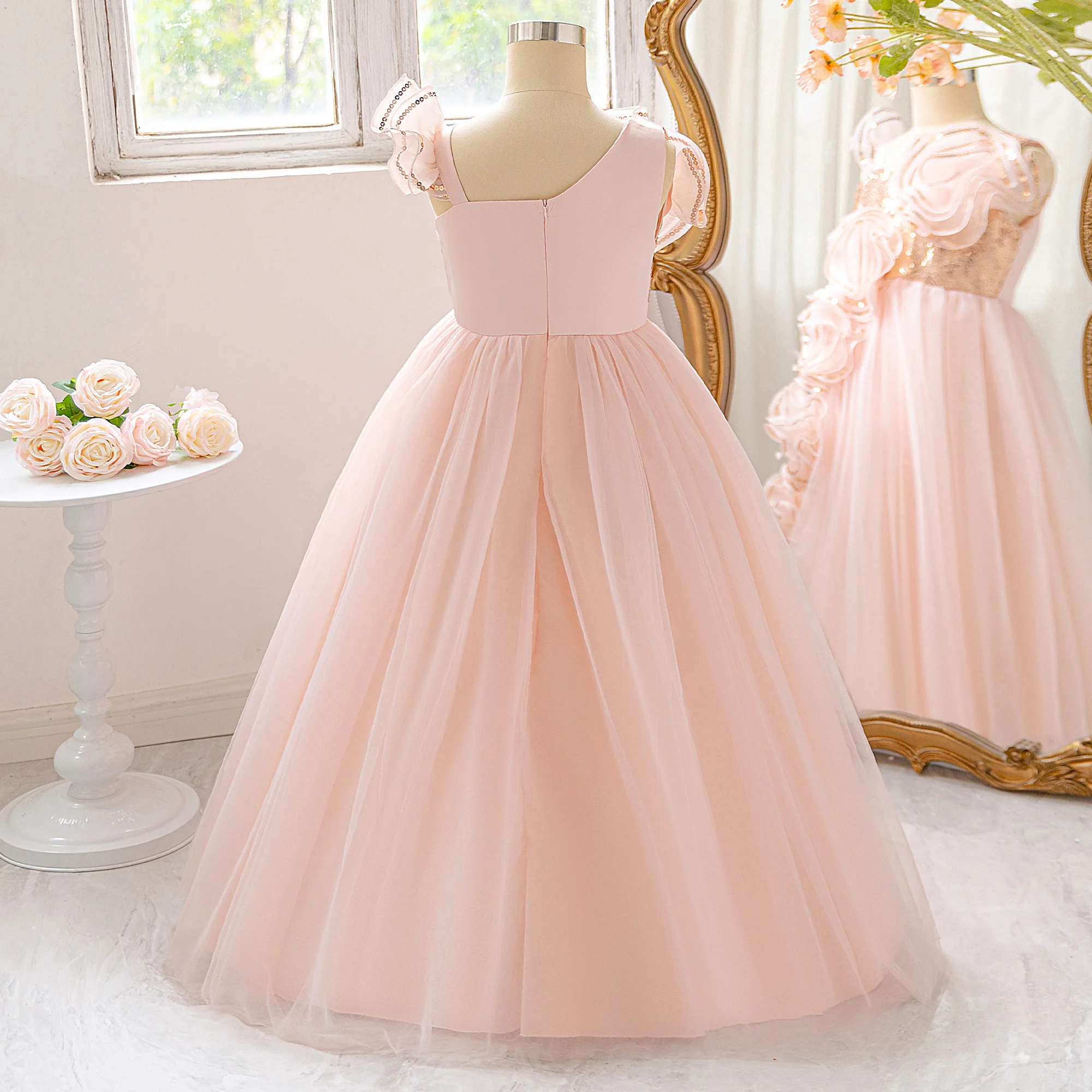 Elegant Sequin Flower Bridesmaids Girls Dress Bow Wedding Party Princess Prom Dresses for Girl Birthday First Communion Costumes