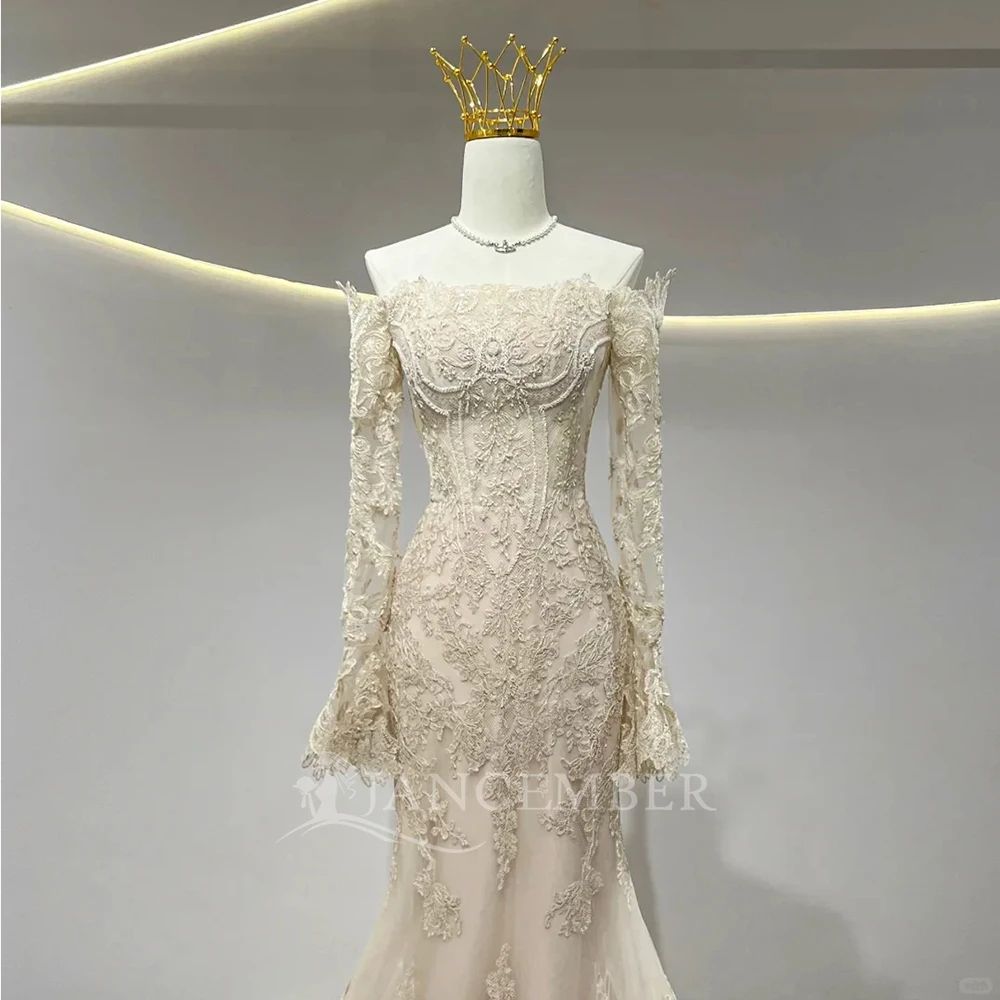 플러스 사이즈 웨딩 드레스 긴 소매 맞춤형 신부 드레스 보트 넥 비치 맞춤형 보헤미안 시크 머메이드 로브 마리에 코트 트레인