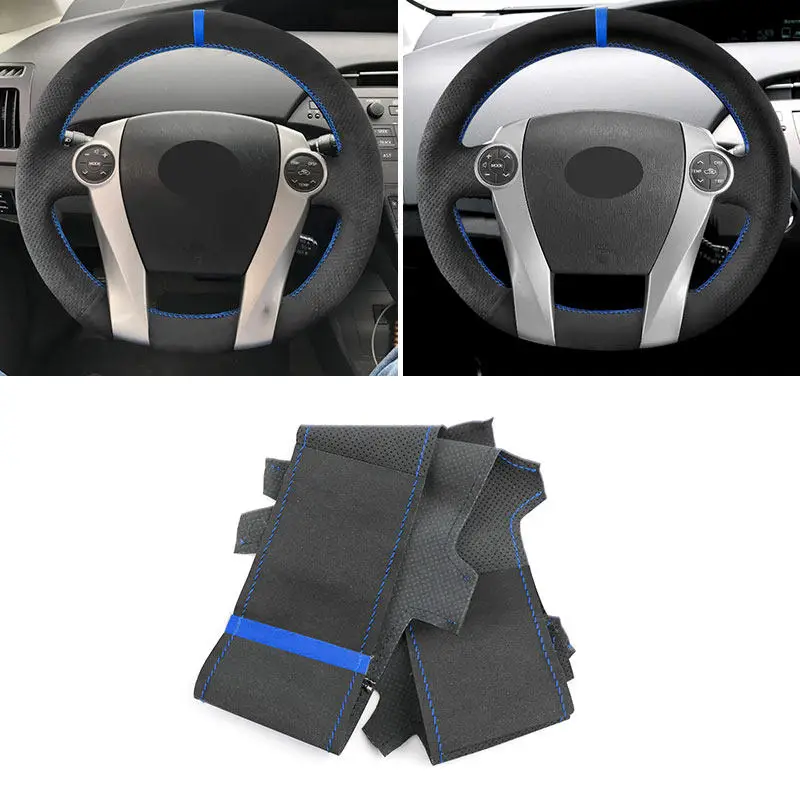 For Toyota Prius 30 XW30 2009-2015 Prius C US 2012-2017 Hand-stitch Suede Leather Blue Line Strip Car Steering Wheel Cover Trim