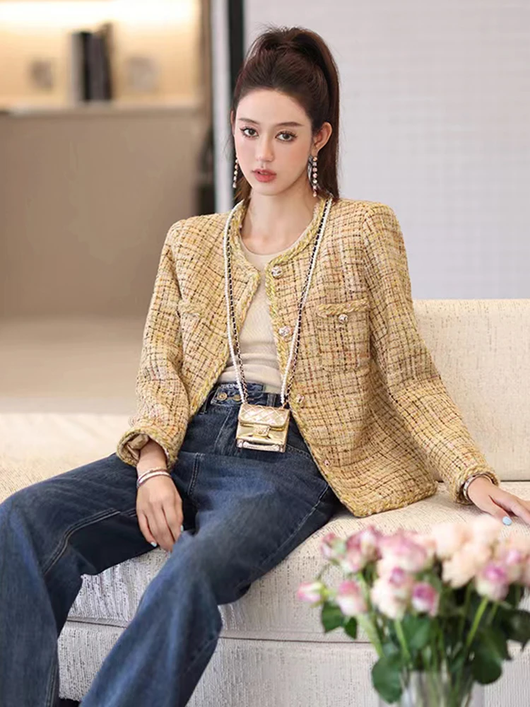 Yellow plaid tweed small fragrant tweed jacket for women's autumn 2022 new French style versatile short top