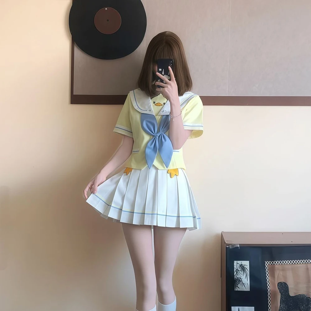Original Japanese Cute Jk Uniform Women's Sweet Cartoon Print Navy Yellow Short Sleeve Shirt Folded Skirt Two Piece Set Summer