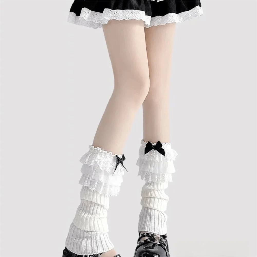 New Ruffled Bow Lace Leg Warmers Tiered Lace Trim Knitted Leg Warmers Sweet Gothic Style Foot Warmer Girls Women