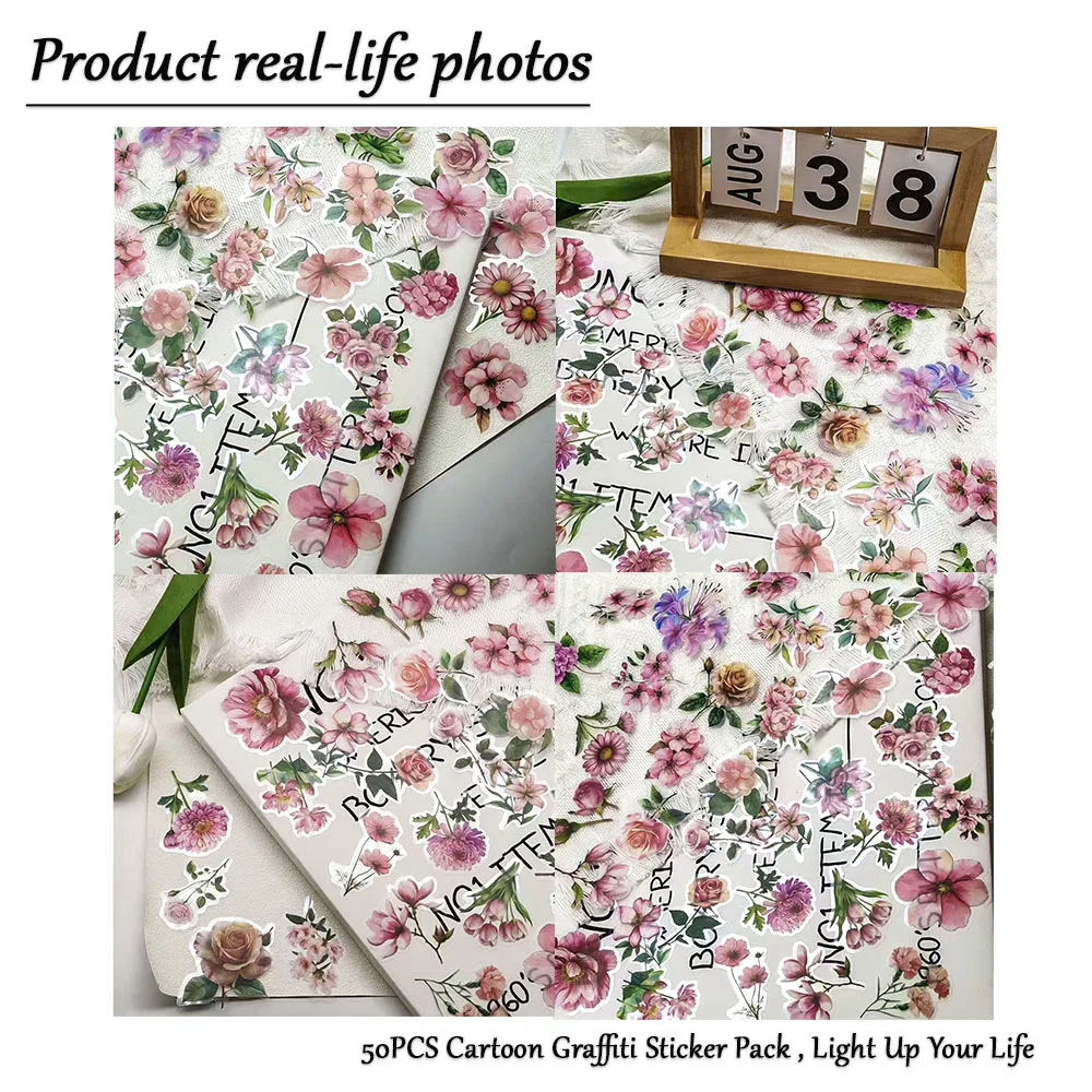 50PCS Transparente Rosa Blumen Aufkleber Cartoon Dekorieren Aufkleber Für Koffer Lagerung Box Laptop Notebooks Telefon Aufkleber