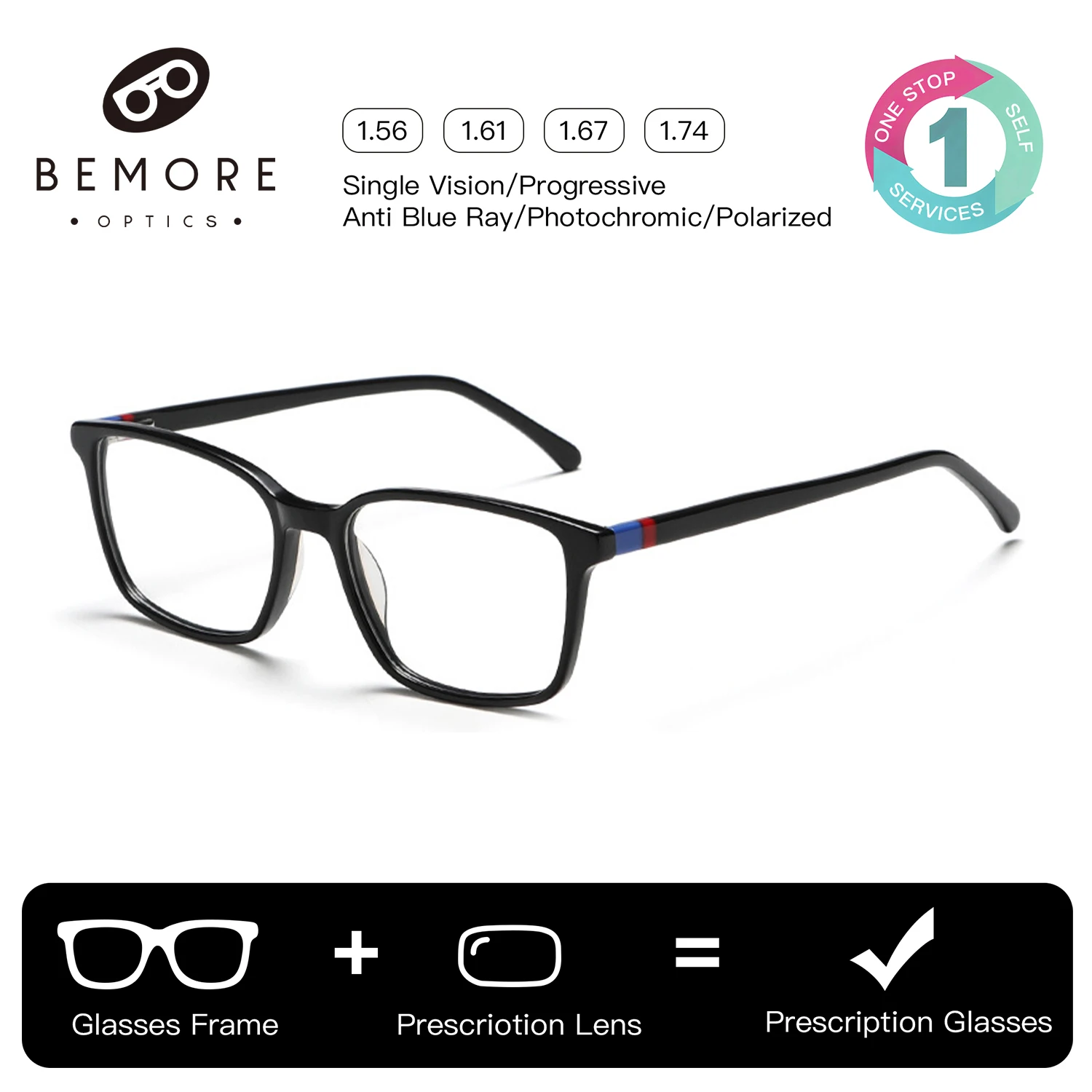 

BEMORE Square Acetate Prescription Glasses Photochromic Anti Blue Light Optical Lenses with Recipe Man Presbyopic Eyeglasses
