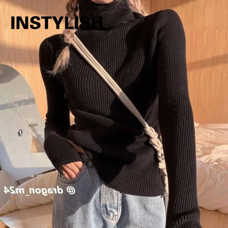 Kobiety elegancki sweter z golfem palec dziura jesień zima Vintage Harajuku Slim bluzy proste wszystko mecz dziergany sweter