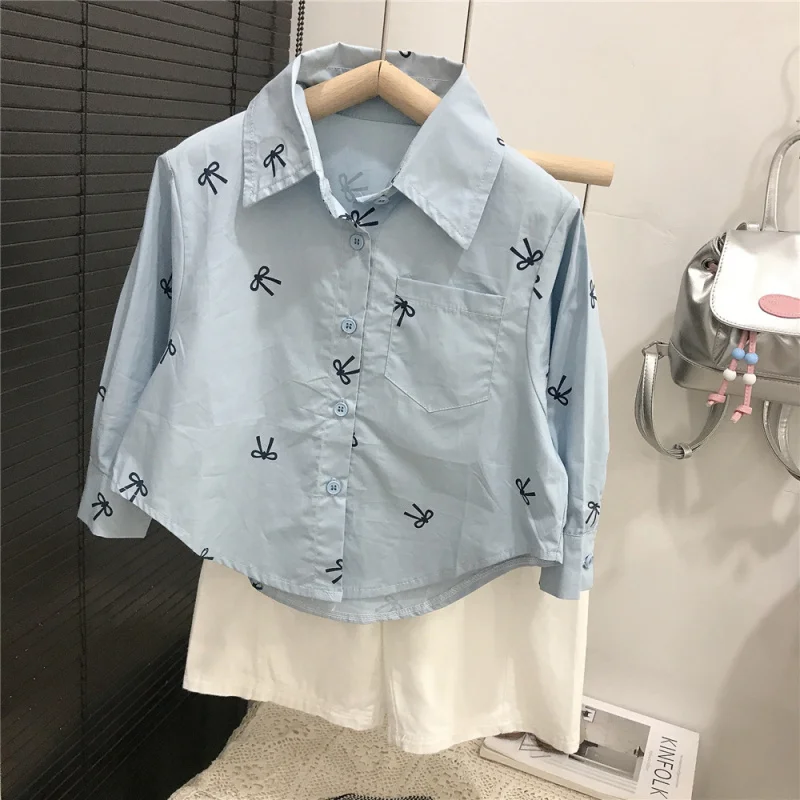

Spring and Autumn New Style Girls' Long Sleeve Shirt Loose Korean Style Children's Casual Top Trendy White Loose Jeans