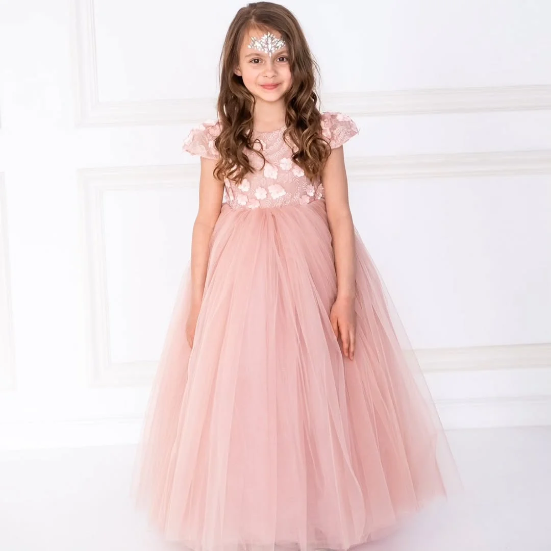 Princess Pink Flower Girl Dress for Wedding Short Sleeve Applique Floor Lenght Infant Baptism Gowns First Communion Gowns Custom