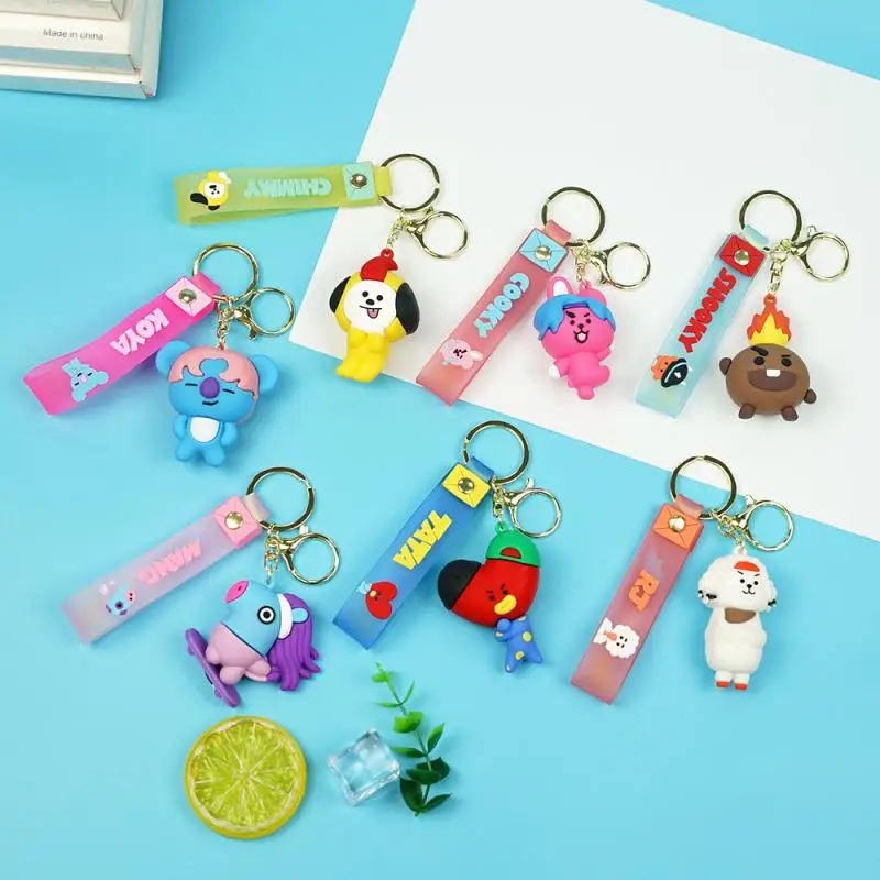 7Pcs New Style Bt21 Keychain Cute Cartoon Tata Chimmy Doll Pendant Couple Backpack Pendant Car Keychain Accessories Holiday Gift