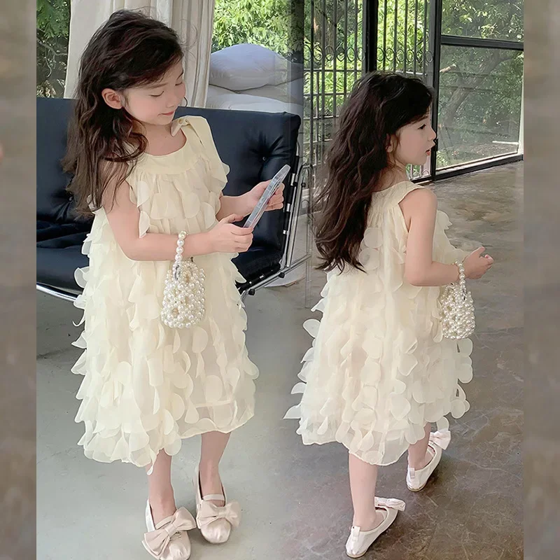 Girls Halterneck Vest Dress 2024 Spring Summer New Korean Version Celebrity Style Princess Skirt for Wedding Knee-Length 90-140