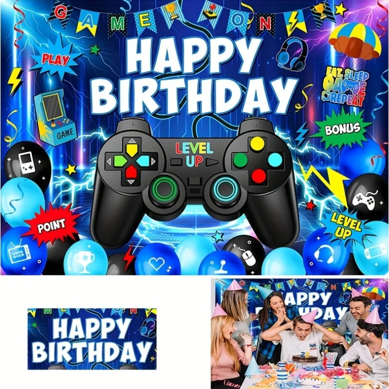 

LS Video Game Theme Happy Birthday Photography Background Boy Birthday Party Backdrop Banner Game Grip Balloon Decoration Props