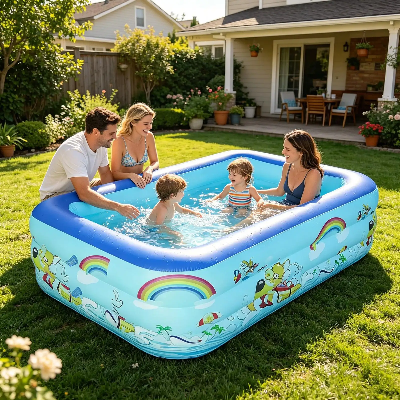 Young Kids Pool Inflatable Rectangle Safe Landing Inflating Kids Pool for Backyard for Students Girls Children Parents Backyard