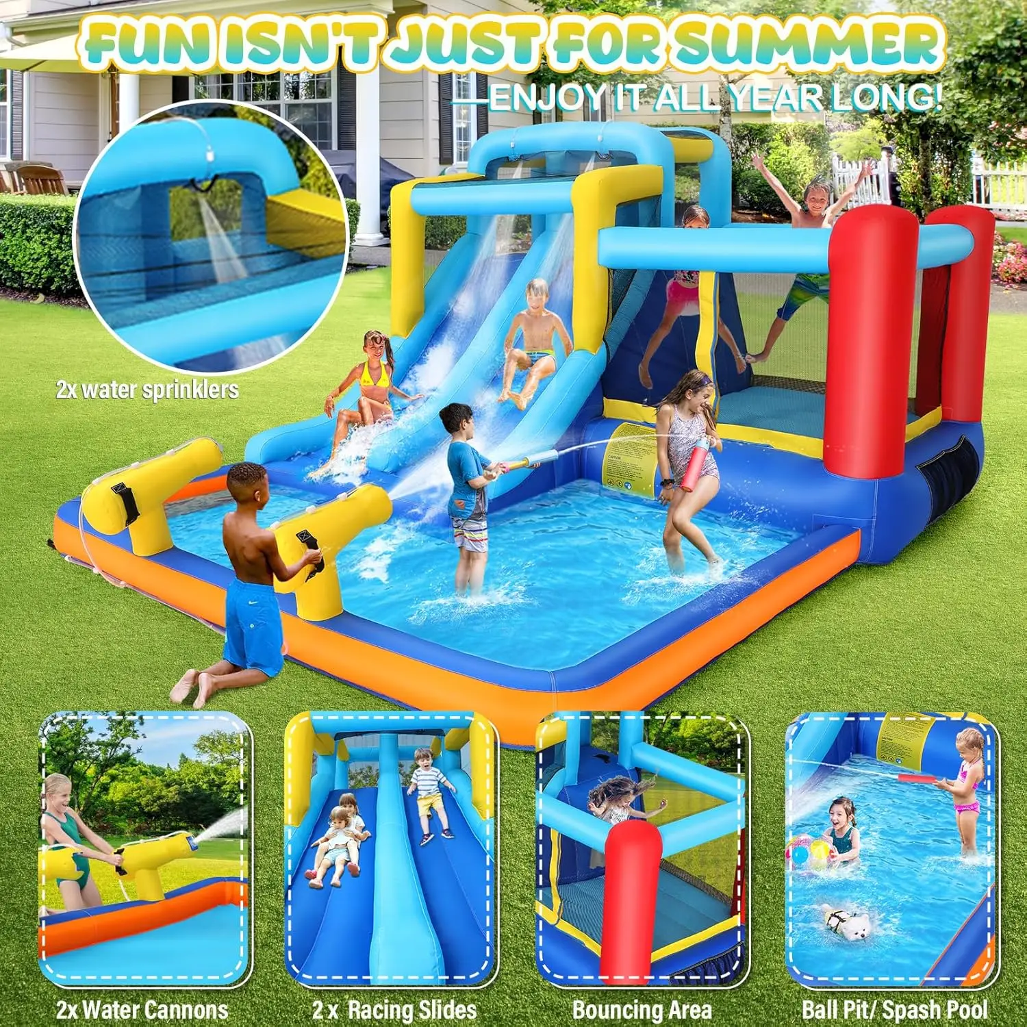 15 x 9,95 Fuß Hüpfburg-Wasserrutsche für Kinder, 9-in-1 aufblasbare Wasserrutsche Hüpfburg mit 2 Rutschen, Sprungbereich, Pool