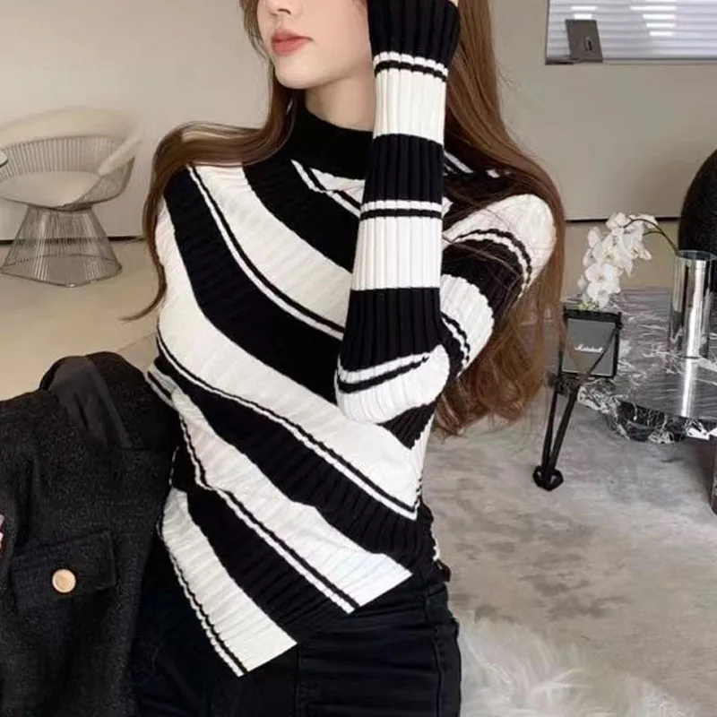 Spring Autumn New Women\'s Versatile Slim Half High Collar Stripe Pullovers Tops Fashion Simplicity Casual Long Sleeve Knitwear