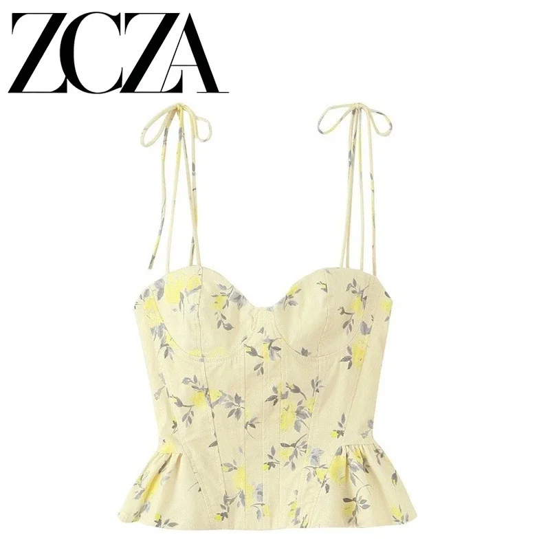 

Women Fashion Sweet Floral Print Cropped Tops French V-Neck Sexy Spaghetti Strap Backless Camisole Summer Slim Fit Ruffles Camis