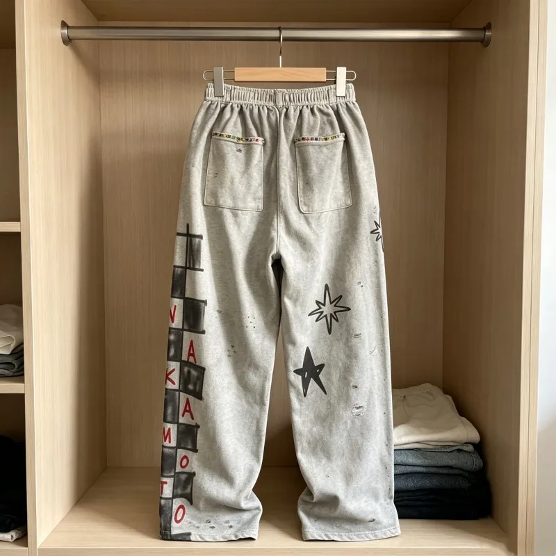 2XL Hiphop Street SATOSHI Sweatpants Checkered Letter Print Washed Worn Casual Straight Leg Pants Men Women Sports Trousers