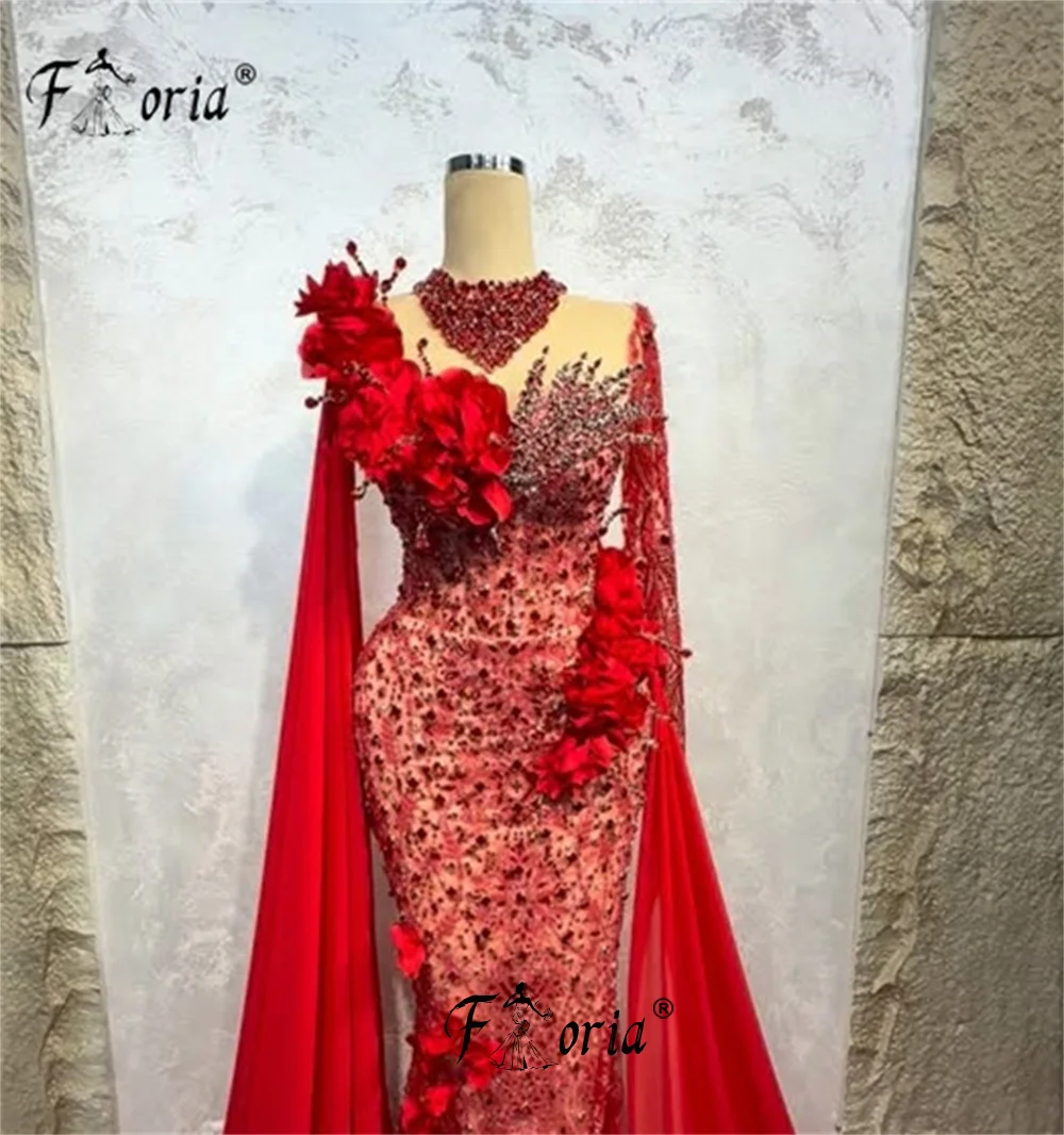 تصميم الأزياء الخرز الأحمر الترتر رداء حفلات السهرة الرسمية دبي اليدوية ثلاثية الأبعاد الزهور فساتين لحضور الحفلات الموسيقية طويلة Vestidos de gala مخصص #2