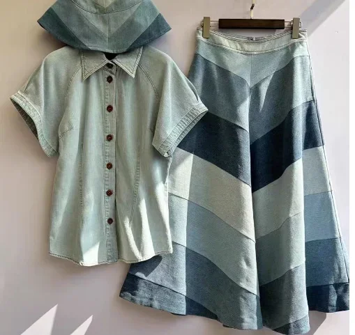 

High Quality Blue Short Sleeve Jeans Denim Blouse Cool Tops and Midi Skirt Set New 2025