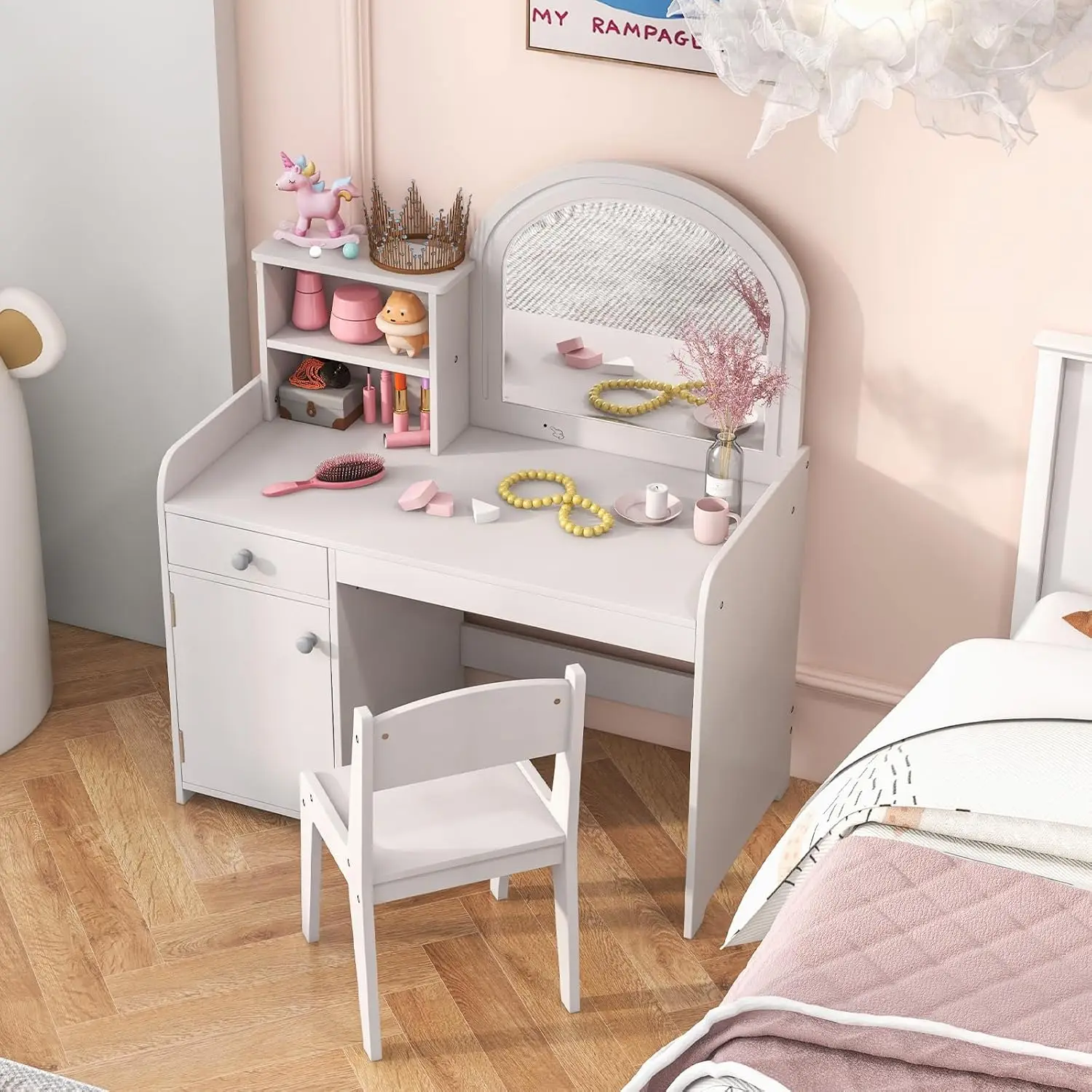 Kids Wooden Vanity Desk with LED Mirror & Storage, Dressing Table with Chair for Girls Ages 3+, White, Customized