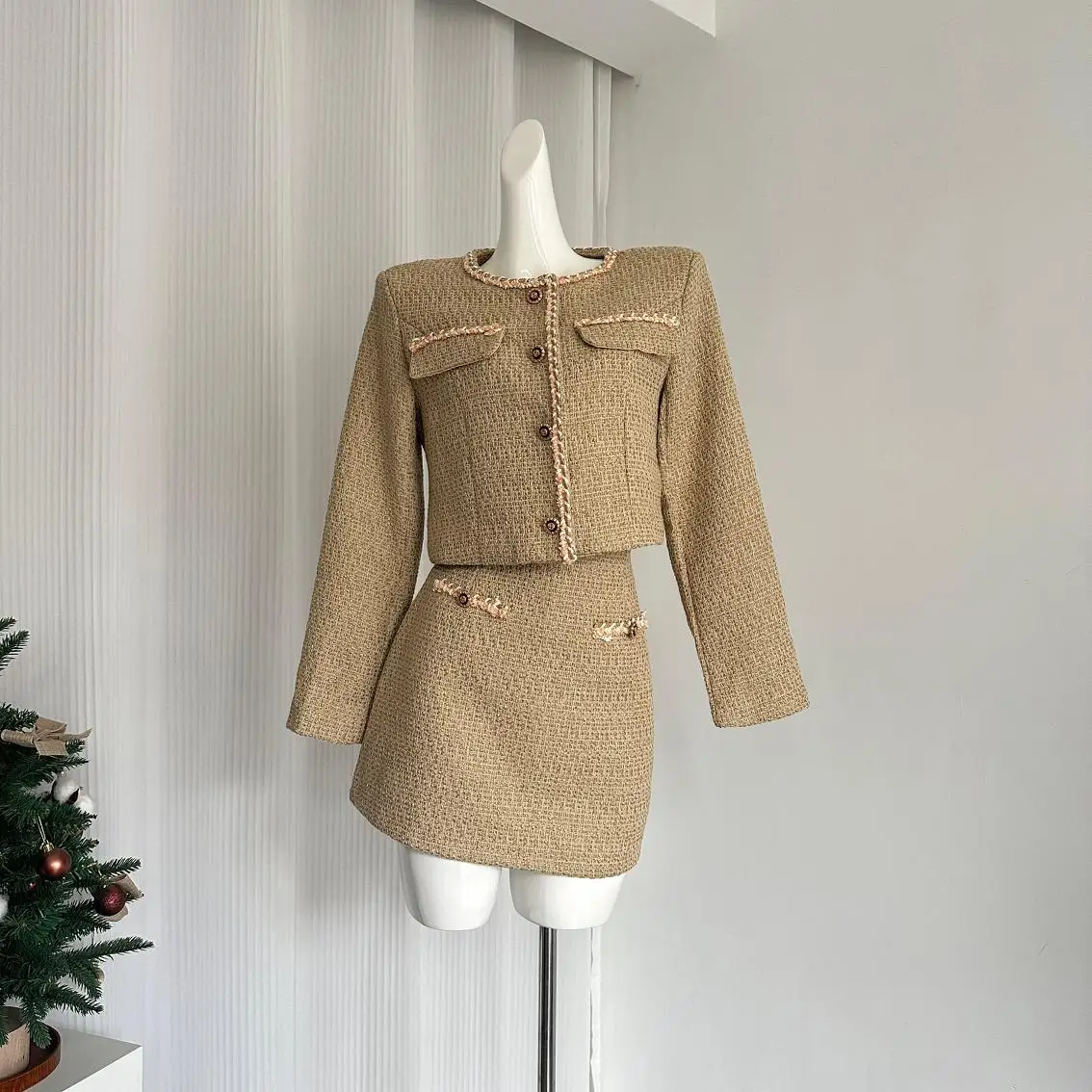 Autumn 2 Piece Sets Women Korean Vintage Temperament Elegant Long Sleeve Button Tweed Short Jacket High Waist Bodycon Skirt Suit