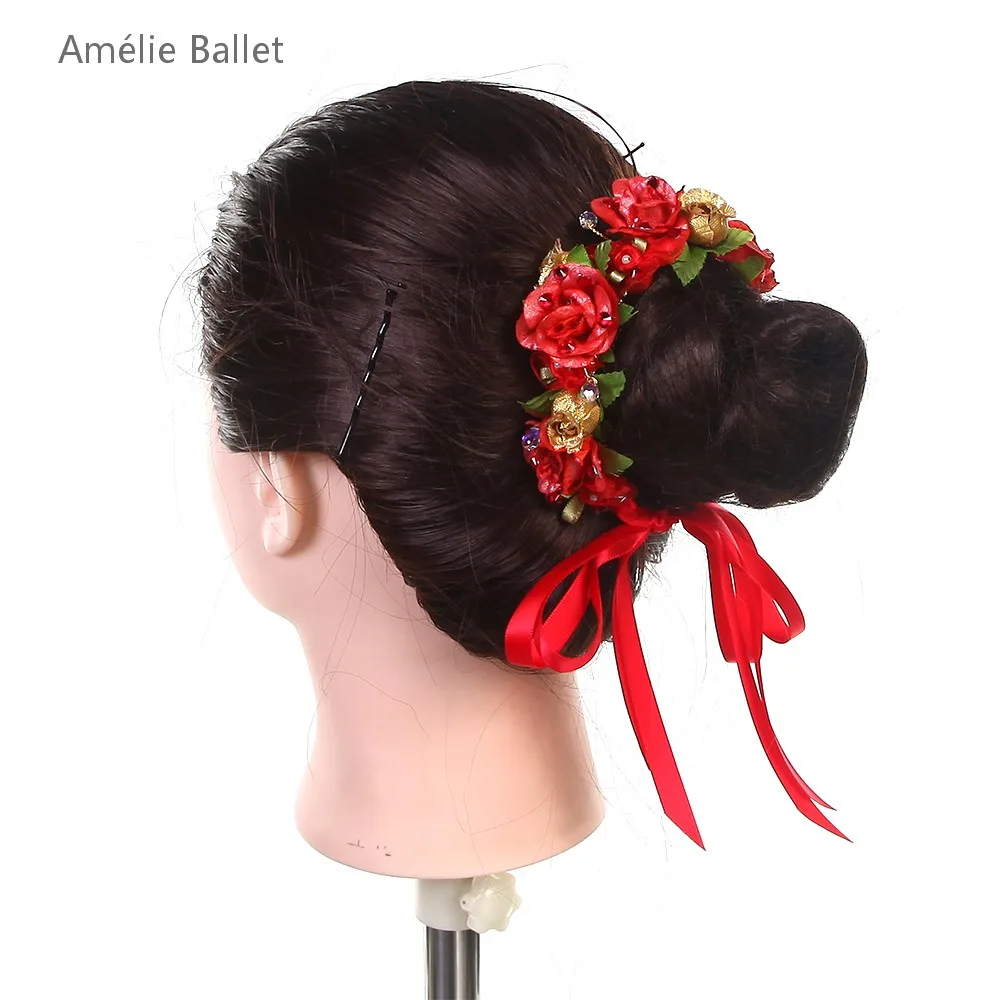 HB077 Free Shipping Red Flower Headdress Hair Accessories Girls Ballerina Headwear Ribbon Hairwear Ballet Dancing Head Bands