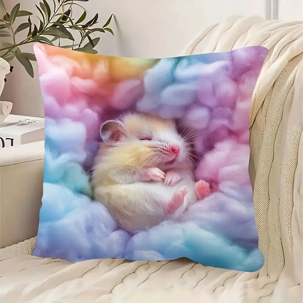 1pc Kawaii Rainbow Hamster Pillow Cover, Polyester 2D Double-Sided Print, Cute Sleeping Hamster Design, Aesthetic Nursery Accent