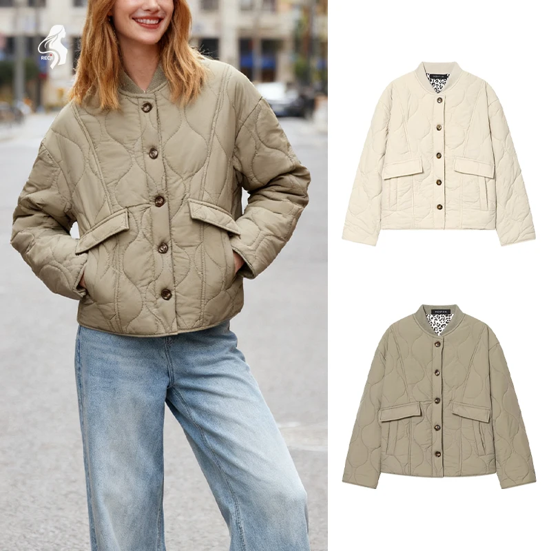 

Quilted Wavy Cotton Jacket With Leopard Print Lining Single Breasted Versatile For Autumn And Winter Commuting Padded Jacket
