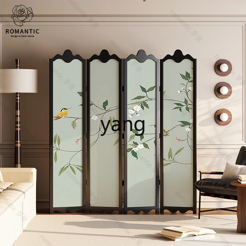 YJQ French medieval flower and bird folding screen partition living room solid wood foldable mobile background wall