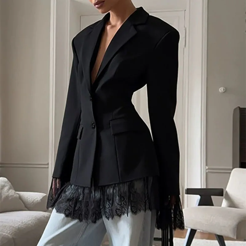 Elegant Temperament Button Office Outerwear Autumn Black Lace Patchwork Blazer Coat Fashion Street Long Sleeved Women's Jacket