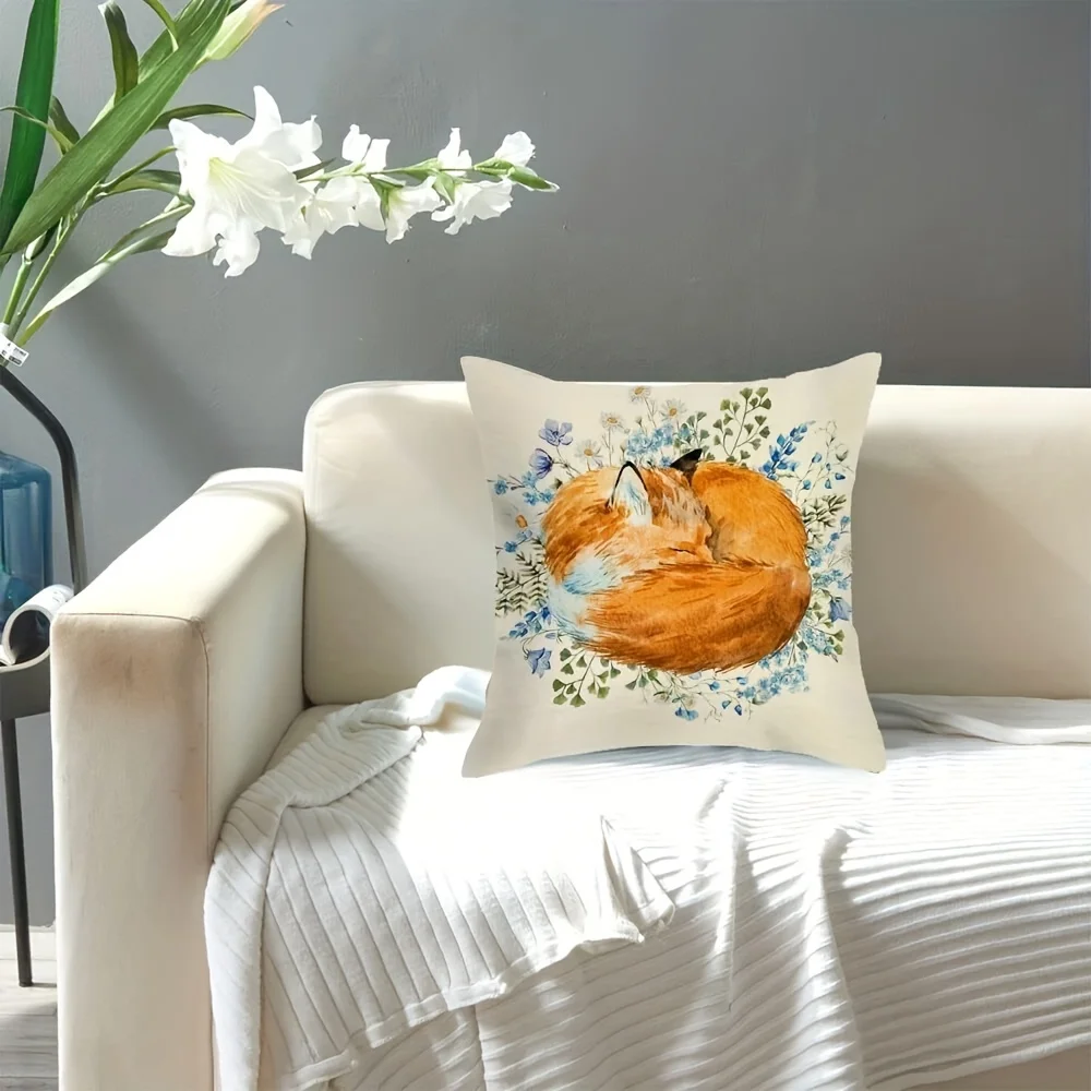 Watercolor Fox in Flowers Print Throw Pillow - Perfect for Cozy, Whimsical Home Decor - Soft, Stylish Cushion for Any Room