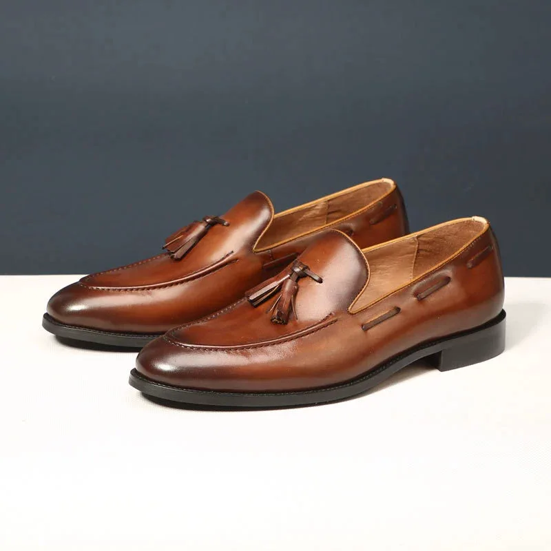 LIHUAMAO grade A cow leather men's penny loafers leather shoes slip on outdoor footwear retro work shoes dress party wedding