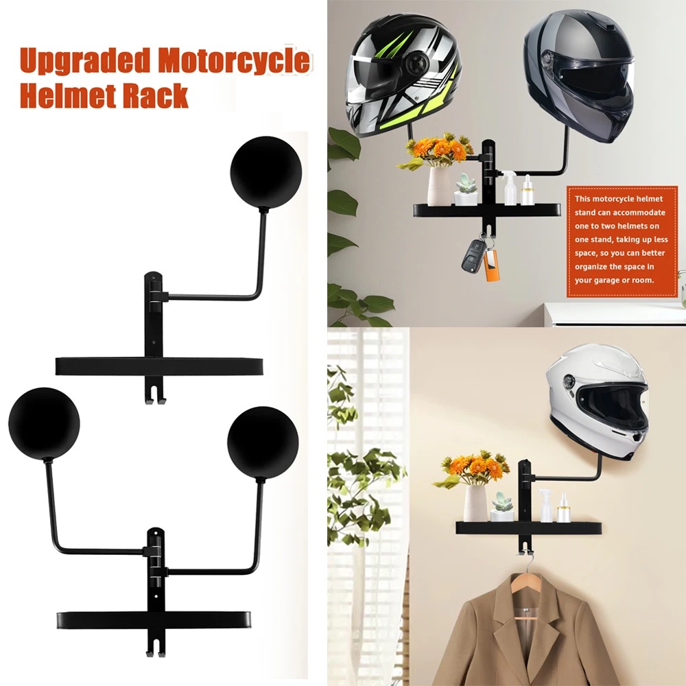 New Motorcycle Helmet Rack 180° Rotation Wall Mounted Storage Shelf with Storage Organizer&Hook Aluminum Hanging Stand for Home