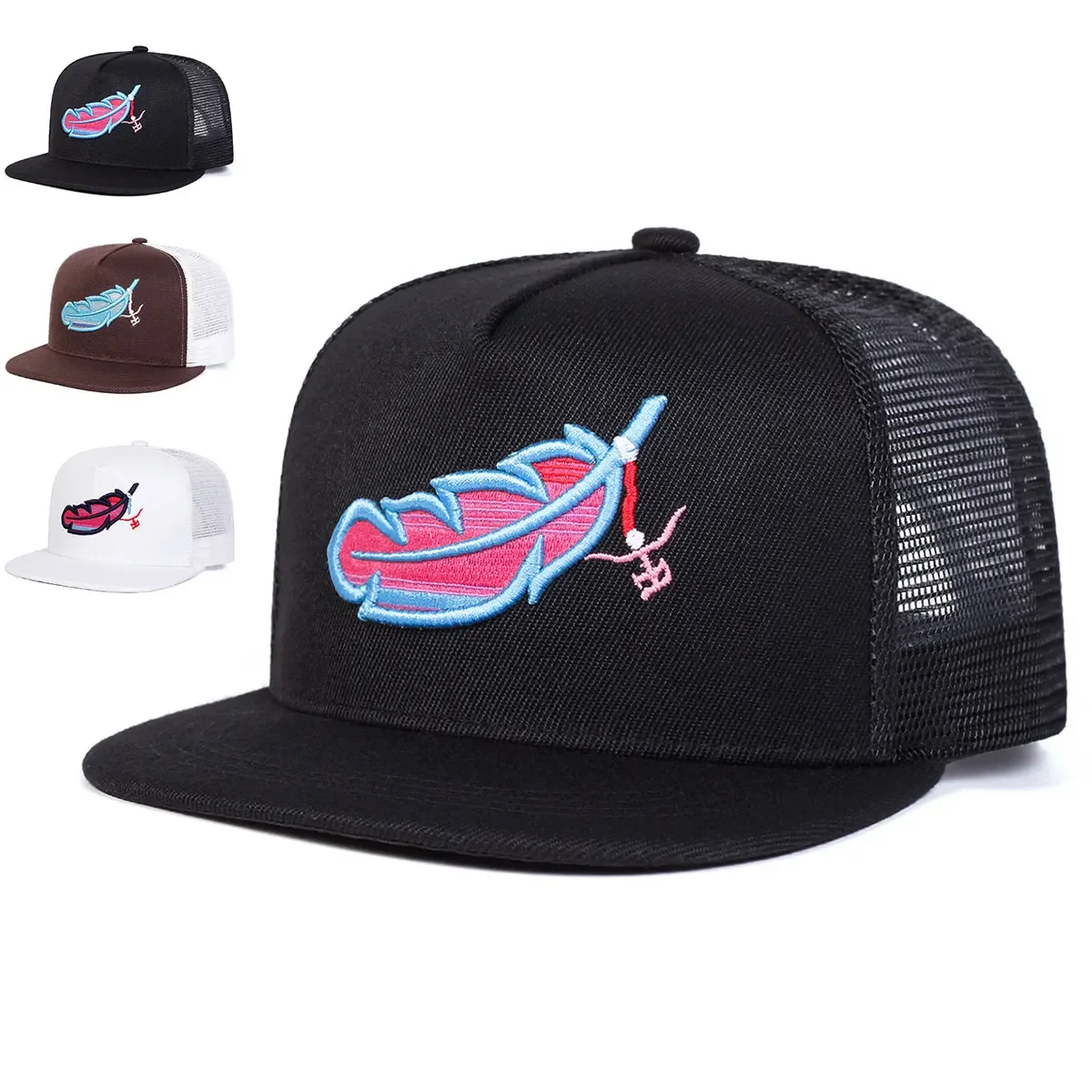 Unisex Colorful Feather Embroidery Hip-hop Net Hats Spring And Summer Outdoor Adjustable Casual Baseball Caps Sunscreen Hat