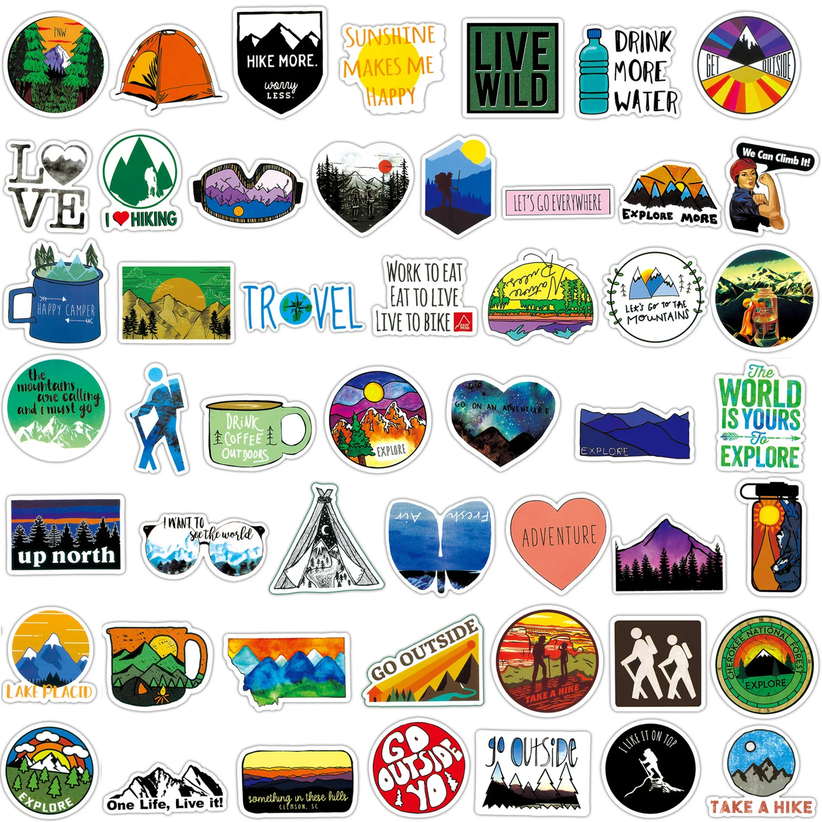 50-100 Pcs Outdoor Camping Stickers Summer Adventure Waterproof Vinyl Decals for Laptop Luggage Water Bottles Gift