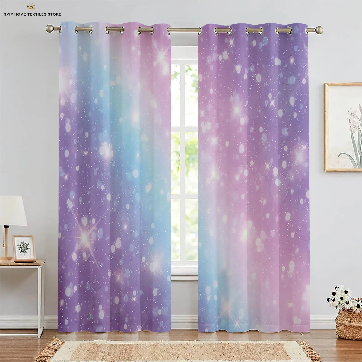 Cartoon Star Print Curtains for Children's Room Decoration, Rainbow Color, Suitable for Kitchen, Bedroom, Balcony, Outdoor, 2Pcs