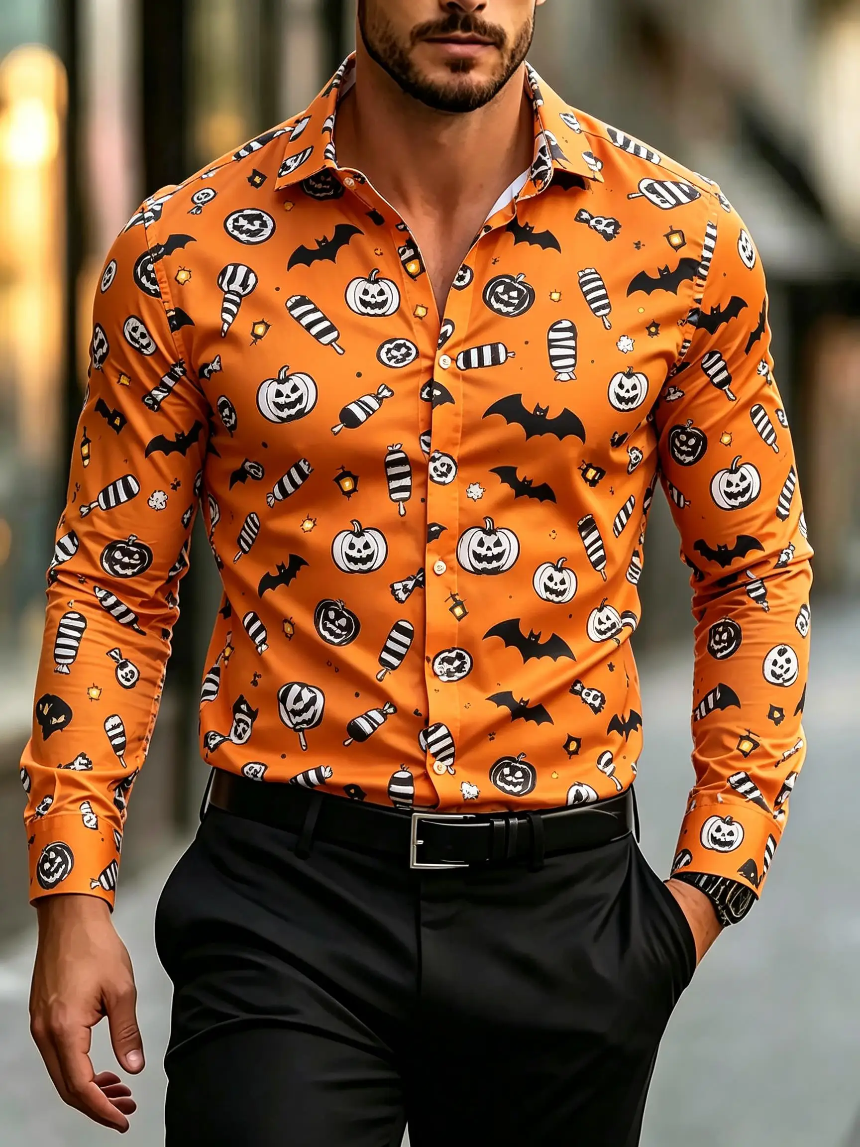 2026 Halloween Men's Long Sleeve Shirt Pumpkin Bat Candy Print Fashion Loose Fit Daily Wear Tops Gift For Men