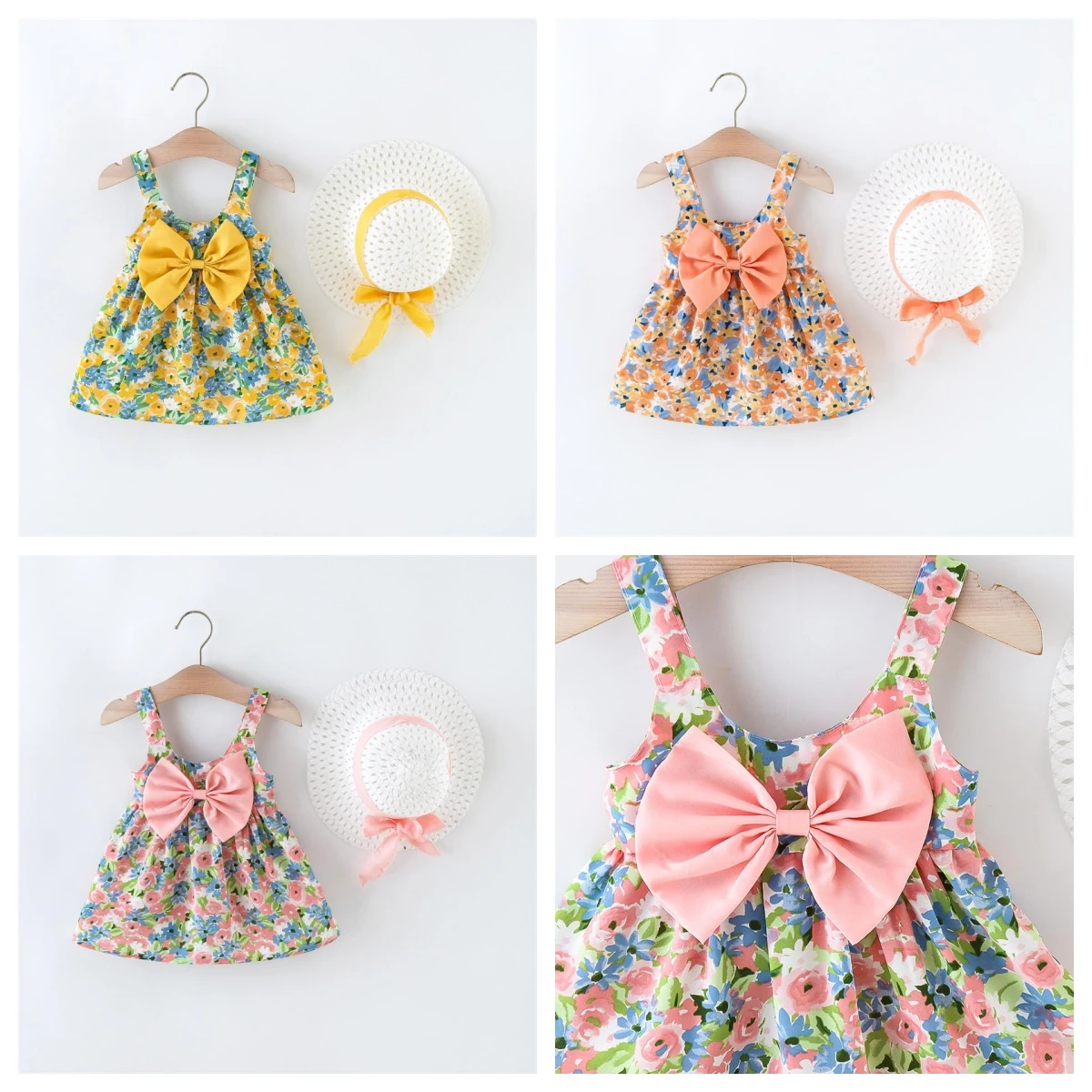 Children\'S Clothing Dress Hat 2/Piece Set Summer Girl Flower Big Bow Korean Version Cute Suspender Dress