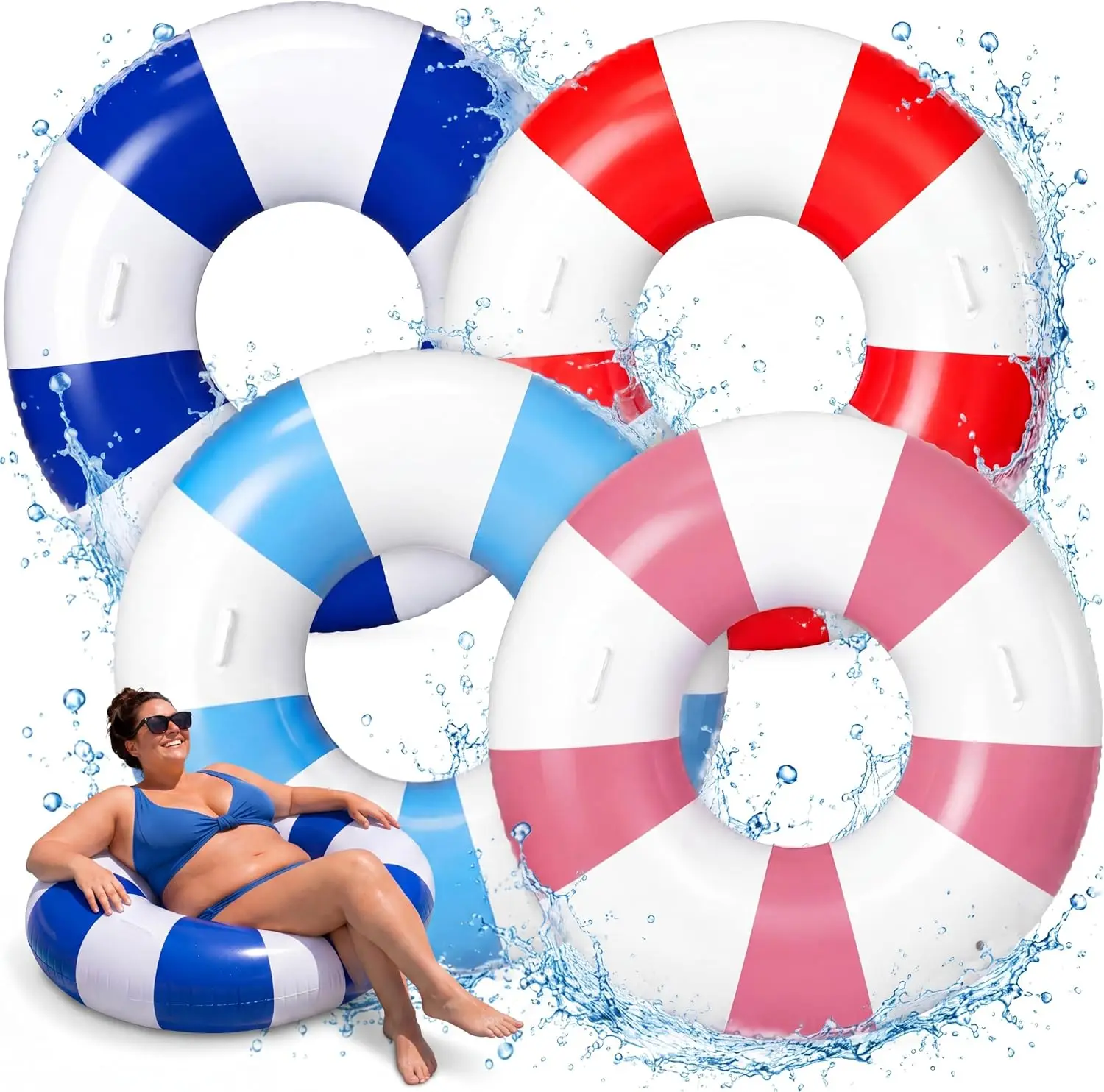 Set of 4 Inflatable Pool Floats for Adults - 47-Inch Large Float Tubes with 2 Handles, Inner Tube Floating Ring Ideal for Swimming, Summer Beach Parties