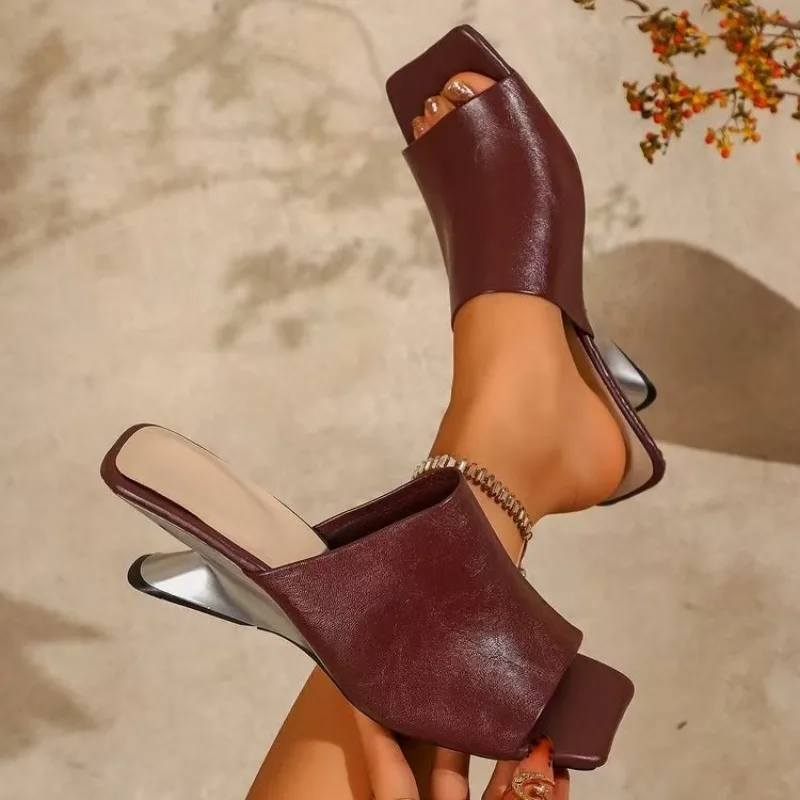 

Handmade Soft Leather One-word Slippers Women's Outer Square Toe Summer New Fashion Retro Temperament Sandals
