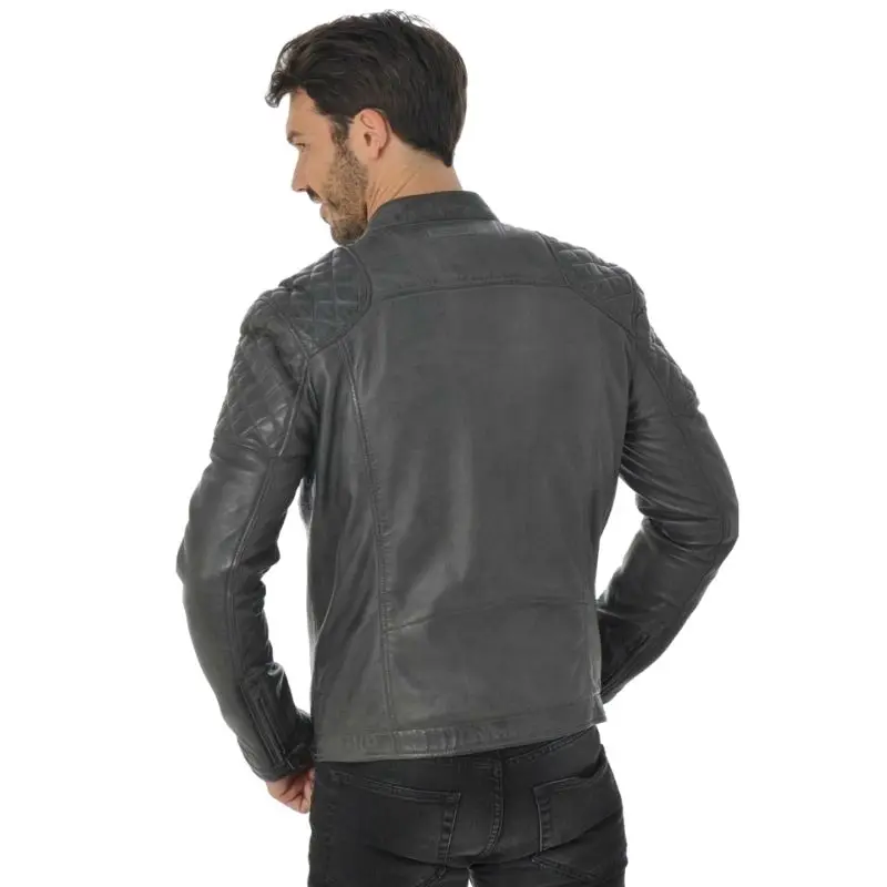 Men Genuine Lambskin Leather Jacket Zipper Motor Biker Jacket Coat