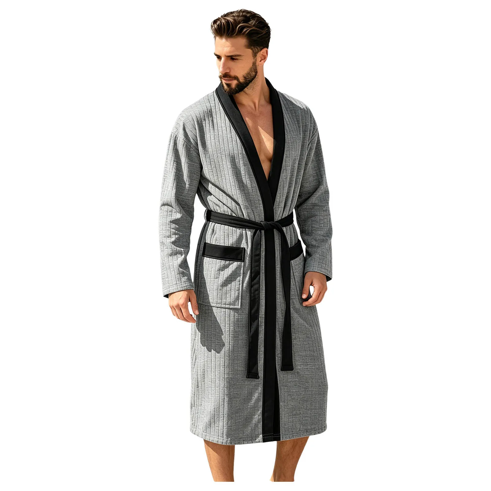 Men Ribbed Bathrobe Long Sleeve Open Front Contrasting Color Trim Pockets Sleep Night-robe Loungewear Robes with Belt Homewear