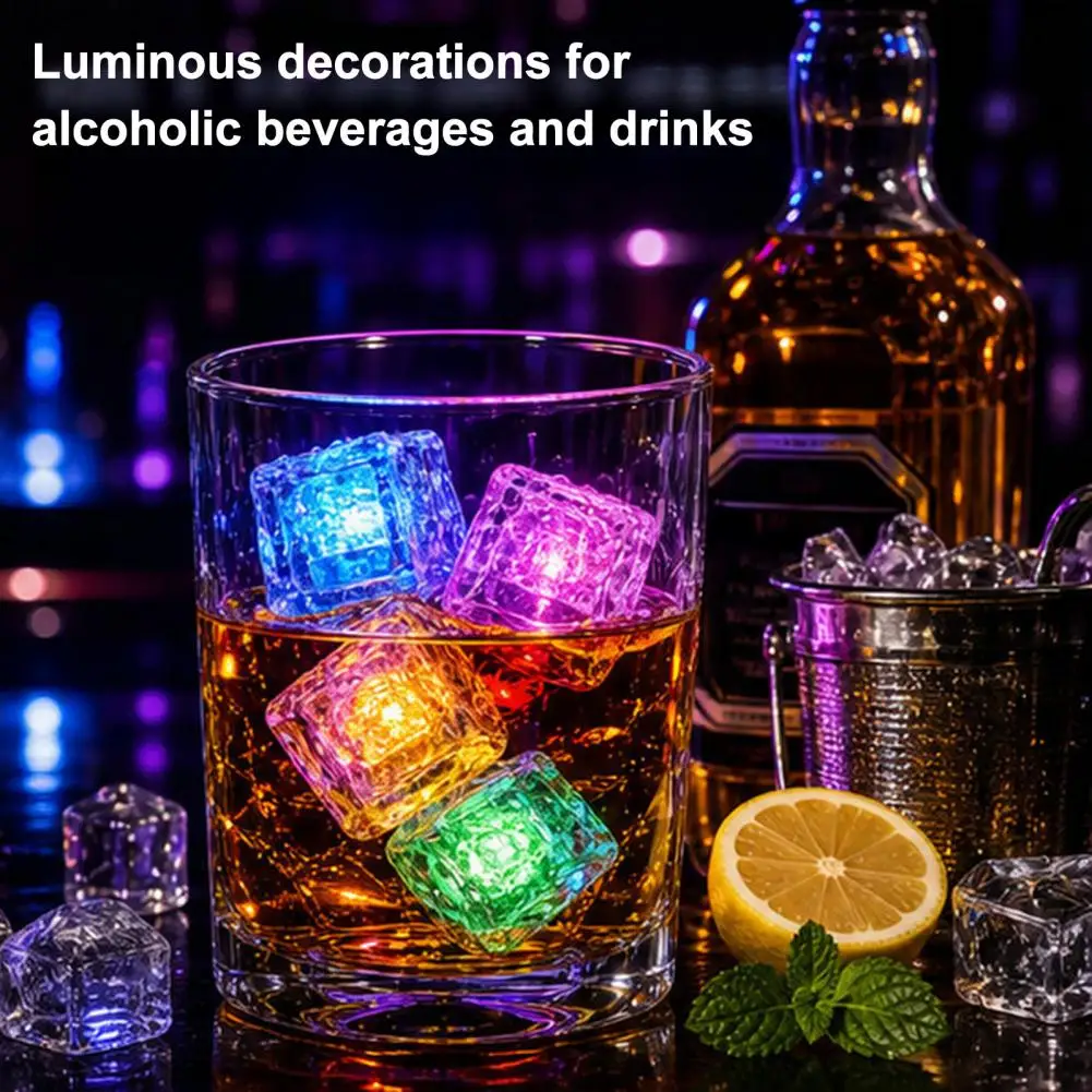 12Pcs Glowing Ice Cubes Water Activated Color Changing LED Lights Submersible Bar Drink Decor for Party KTV Atmosphere Enhancer