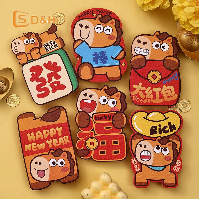 6PCS/pack Paper 2026 Horse Year Red Envelope New Year Wedding Kids Gift Cartoon Pony Pattern Lucky Money Envelopes Red Packets