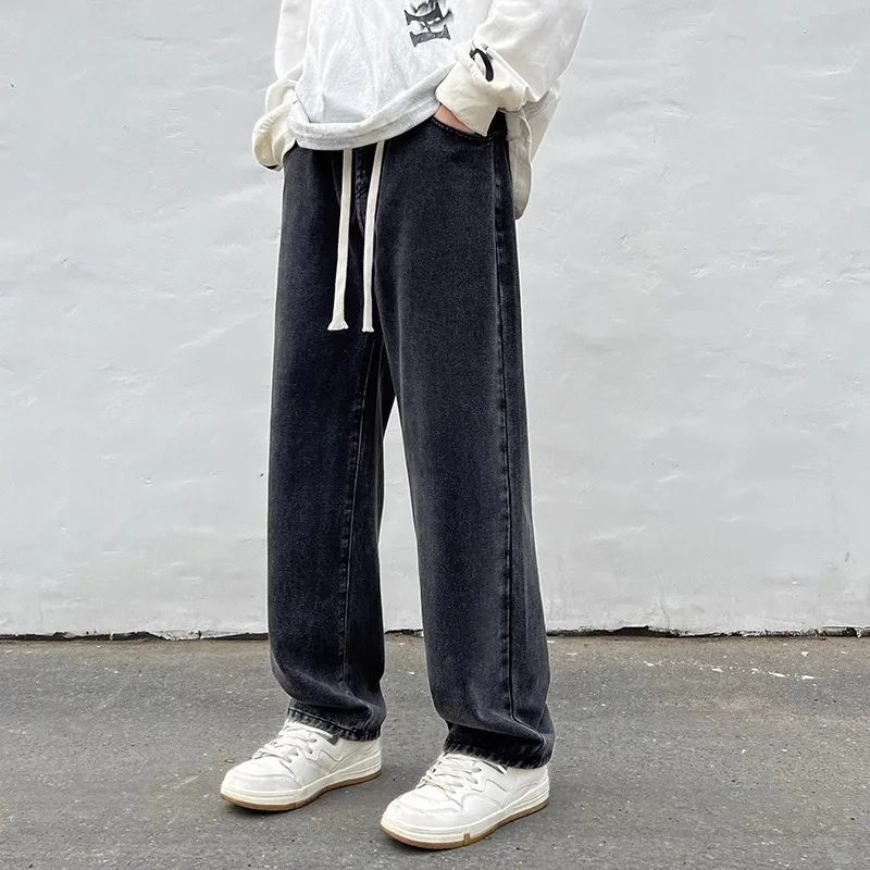 

ey Casual Loose Straight Leg Jeans Men's Spring New Sle Elastic Waist Wide Leg Pants Trendy Dstring Trousers