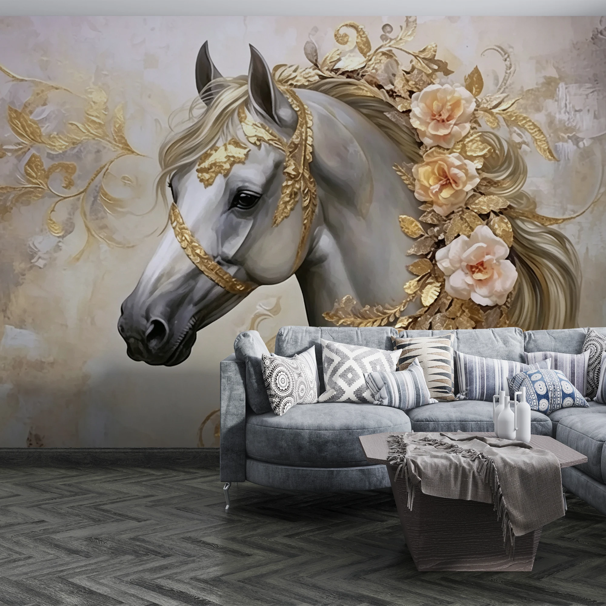 Golden Floral White Horse Mural Wallpaper, Vintage Art Horse Portrait Wall Mural Home Decor