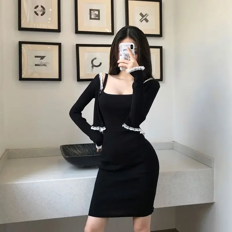 Dress Knit Black Women\'s Two Piece Set Party Long Sleeve Sexy Crochet Midi Vacation 2024 New in Matching Sets Female Outfits