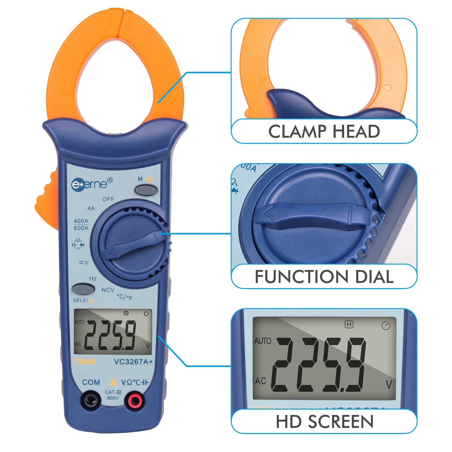 VC3267+ VC3267A+ Large Capacitance NCV Digital AC/DC 40A-400A Current Clamp Meter Auto Range Resistance Frequency Tester