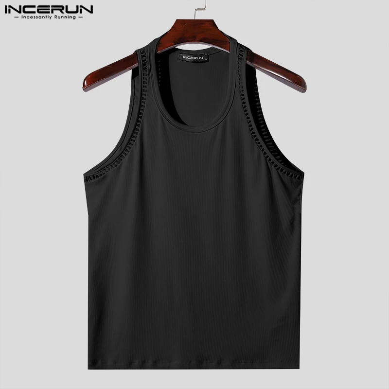 2024 Men\'s Tank Tops Hollow Out Solid Color O-neck Sleeveless Streetwear Summer Male Vests Fashion Casual Men Clothing INCERUN