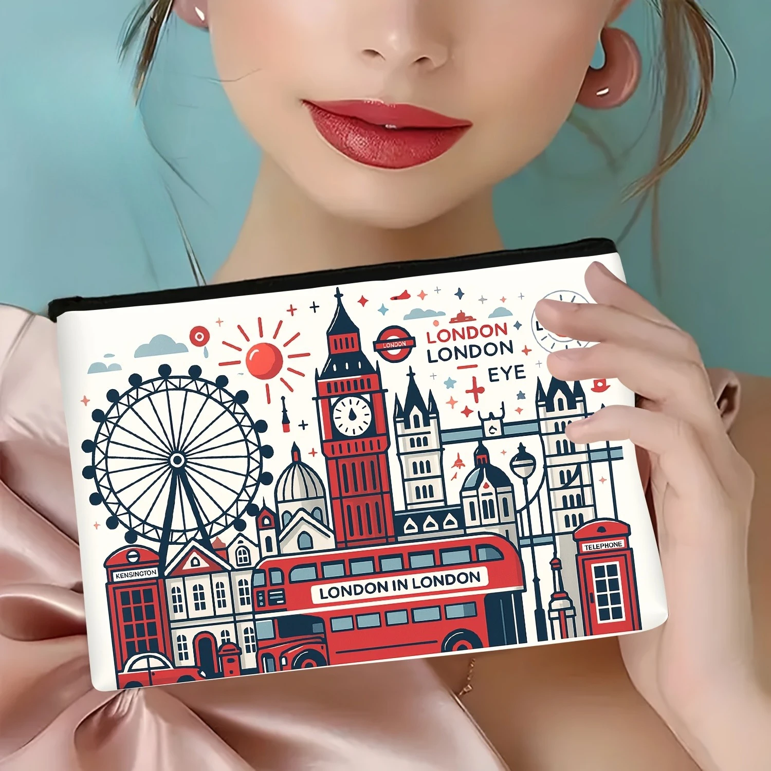 London Building Pattern, Multifunctional Travel Makeup Bag, Emergency Snack Bag, Durable Polyester Zipper Storage Bag, view 3