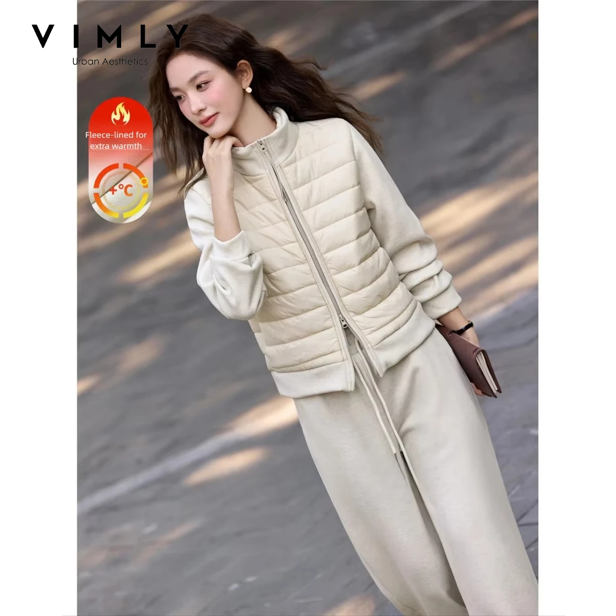 VIMLY Women's Two-piece Set 2026 Winter Stand Collar Jacket Straight Wide-leg Long Pants Commute Casual Fashion Outfit 30729